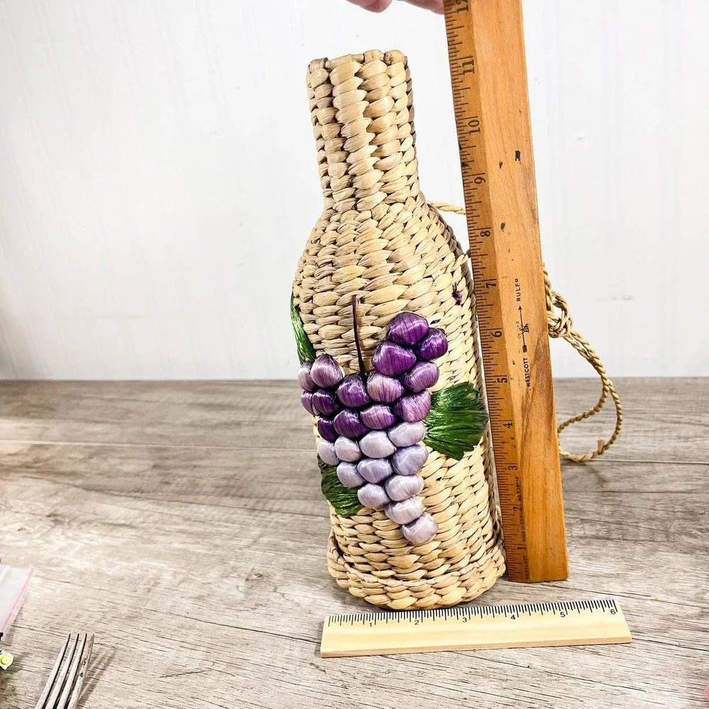 1970s Wine Bottle Holder, Hand-Woven Sea Grass Grapes & Leaves | Boho Bar Decor‎